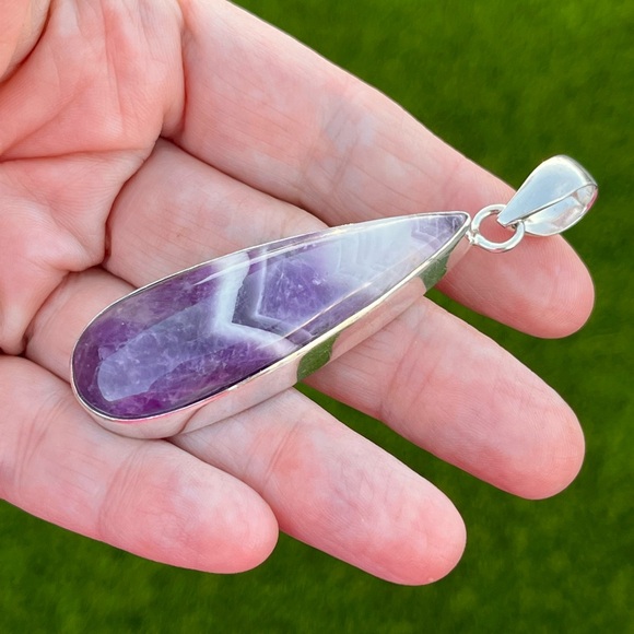 Large Teardrop Natural Chevron Amethyst 2.5” Sterling Silver Pendant - Picture 4 of 6